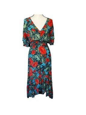 Abel The Label Dress Womens M Floral Hi-Low Rayon Blue Flutter Sleeve